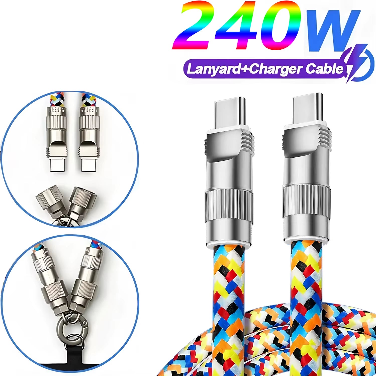 Fashionable Mobile Phone 2 in 1 Lanyard PD240W C to C Charging Cable Zinc Alloy Lock More Convenient and Safer for Mobile Phone