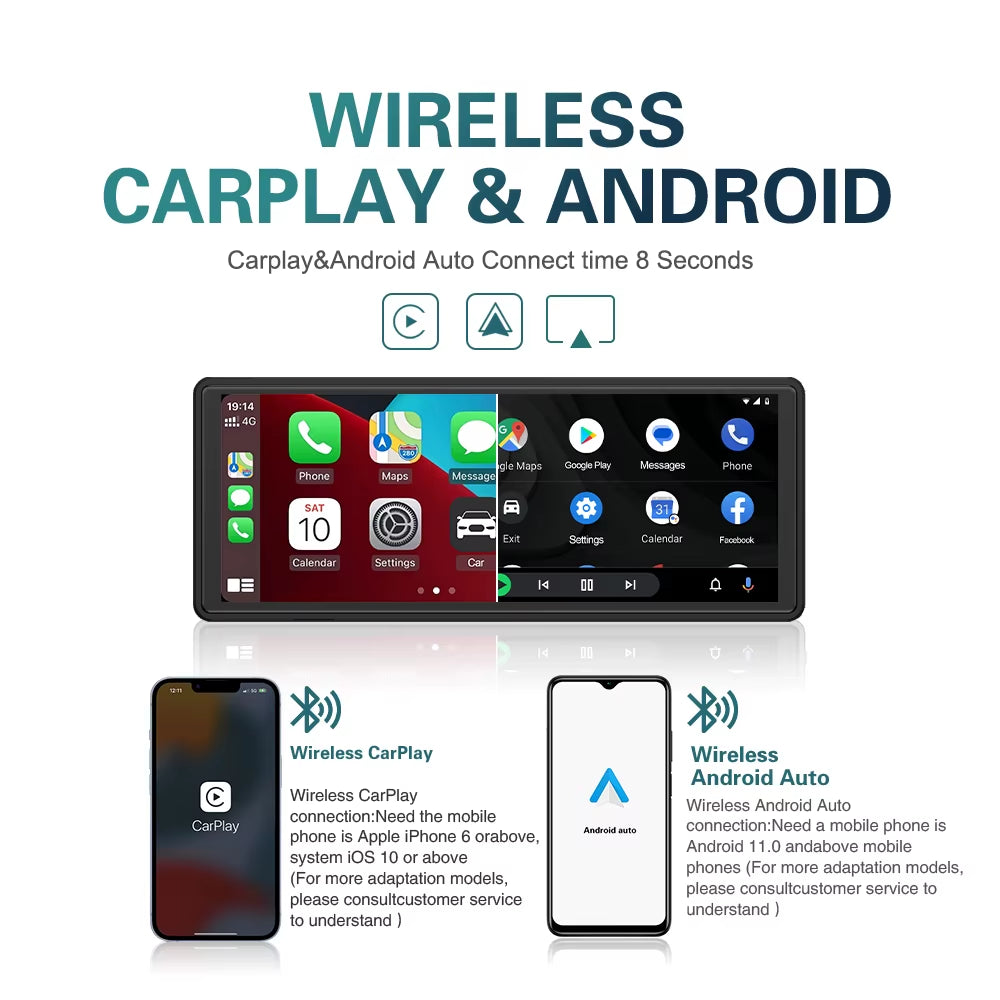 10.26" Wireless Carplay & Android Auto Universal Portable Car Radio Mirror Link Player BT Audio AUX Stereo for Apple or Android