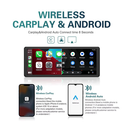 10.26" Wireless Carplay & Android Auto Universal Portable Car Radio Mirror Link Player BT Audio AUX Stereo for Apple or Android