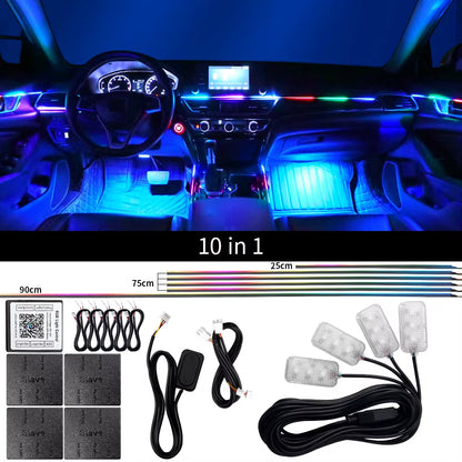 18 in 1 Dual Zone Symphony Streamer Car Ambient Light Interior LED Full Color RGB Neon Acrylic Strip Atmosphere Lighting Kit App