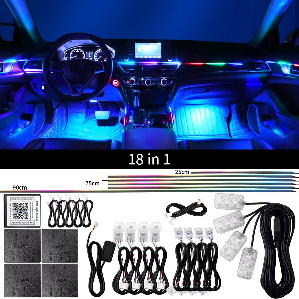 18 in 1 Dual Zone Symphony Streamer Car Ambient Light Interior LED Full Color RGB Neon Acrylic Strip Atmosphere Lighting Kit App