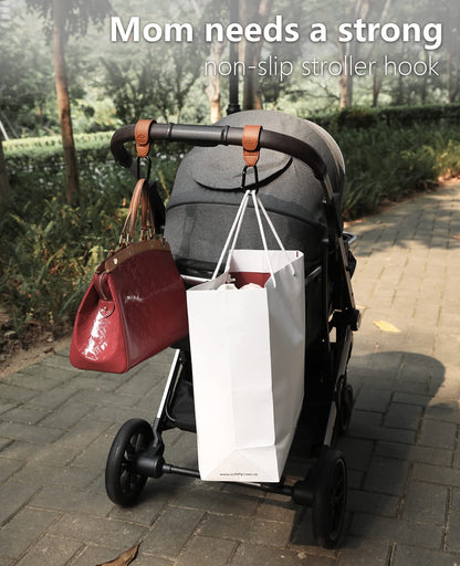 Stroller Hooks Bag Hooks for Hanging Diaper Bags Multipurpose Hooks for Grocery Shopping ​Bags Premium Vegan Leather Pram Straps Baby Stroller Hooks 2Pcs (Brown)