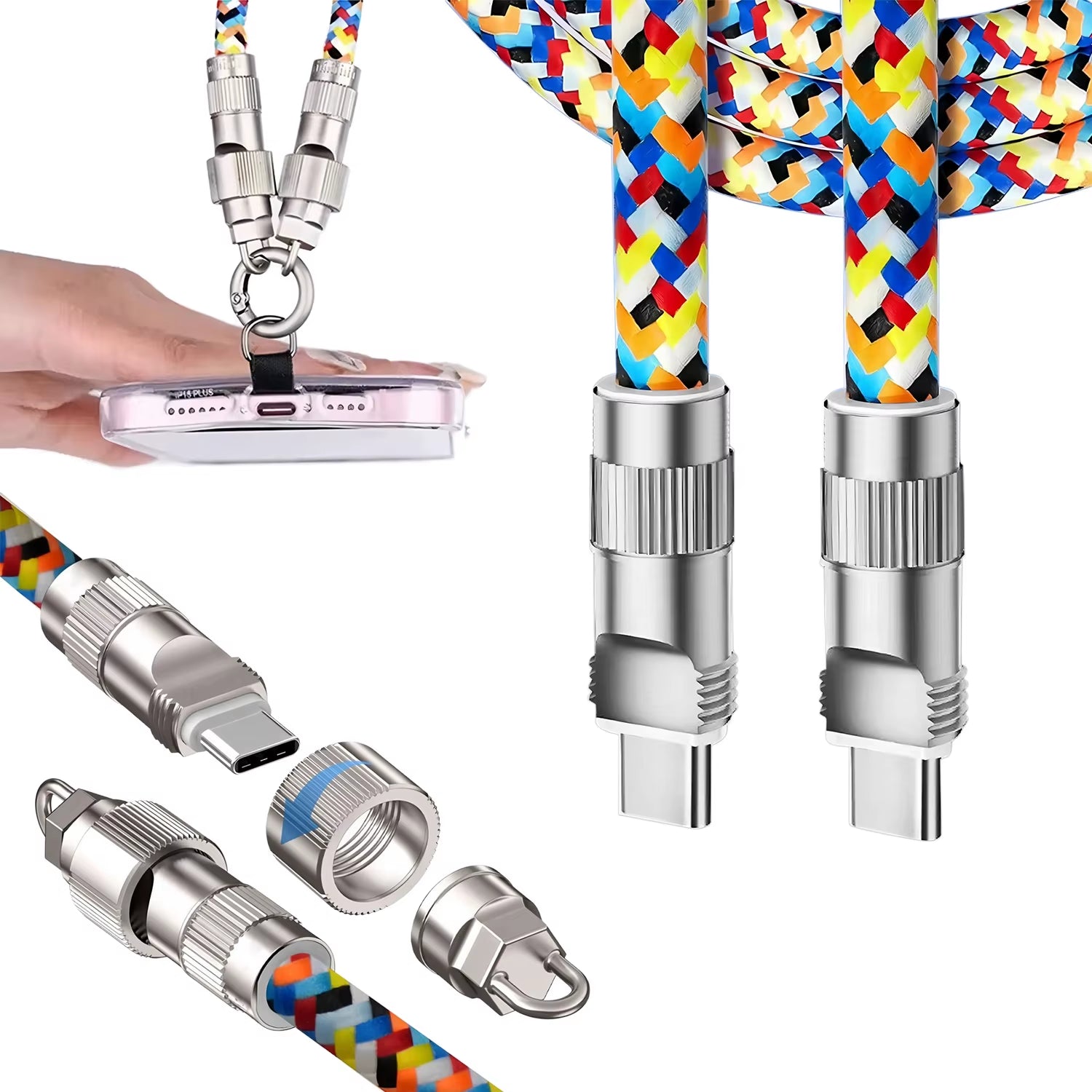 Fashionable Mobile Phone 2 in 1 Lanyard PD240W C to C Charging Cable Zinc Alloy Lock More Convenient and Safer for Mobile Phone