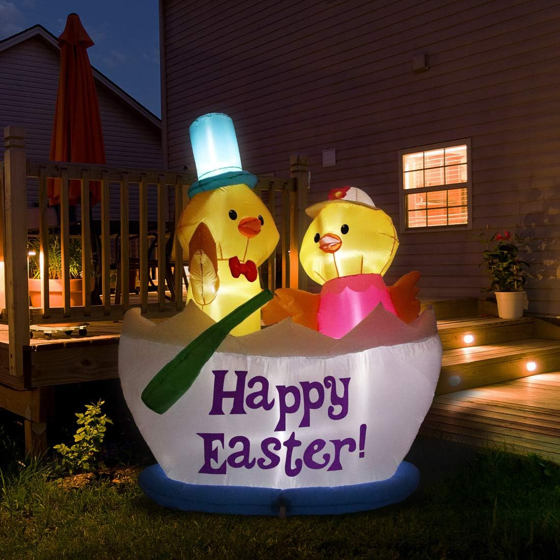 4.92FT Easter Decorations Easter Inflatable Decorations Two Chickens Riding Boat Inflatable LED Light Outdoor Indoor Easter Holiday Decorations