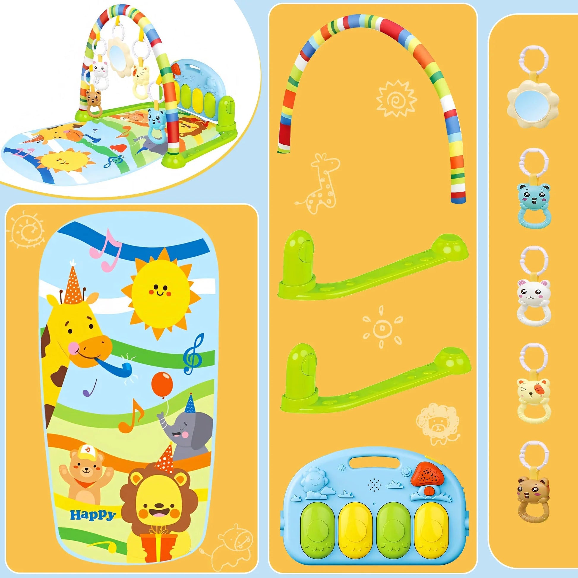 3-In-1 Baby Play Gym with Kick Piano, Tummy Time Mat & Musical Toys