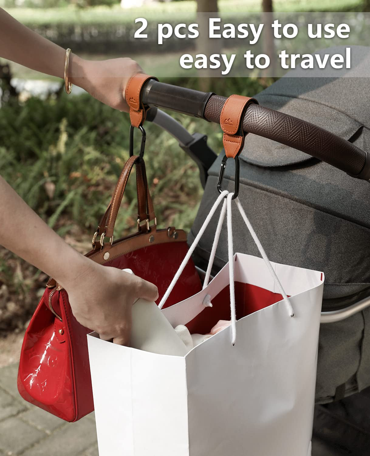 Stroller Hooks Bag Hooks for Hanging Diaper Bags Multipurpose Hooks for Grocery Shopping ​Bags Premium Vegan Leather Pram Straps Baby Stroller Hooks 2Pcs (Brown)