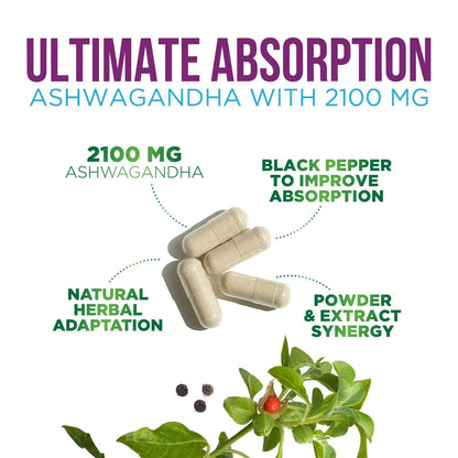 Ashwagandha Supplements 2100Mg - 3X Strength Ashwagandha Powder & Root Extract with Black Pepper for Max Absorption, Antioxidant Supplements for Women & Men, Vegan, Bottled in USA - 60 Capsules