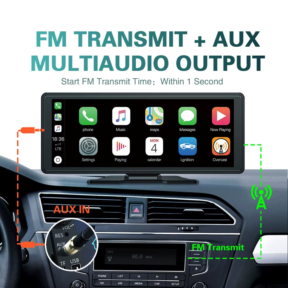 10.26" Wireless Carplay & Android Auto Universal Portable Car Radio Mirror Link Player BT Audio AUX Stereo for Apple or Android