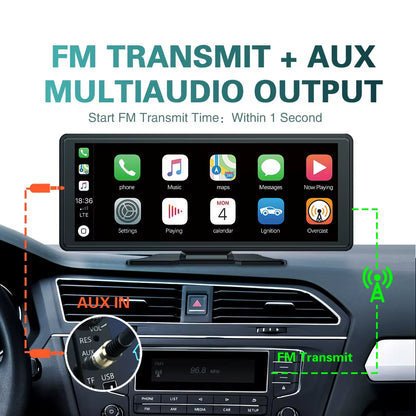 10.26" Wireless Carplay & Android Auto Universal Portable Car Radio Mirror Link Player BT Audio AUX Stereo for Apple or Android