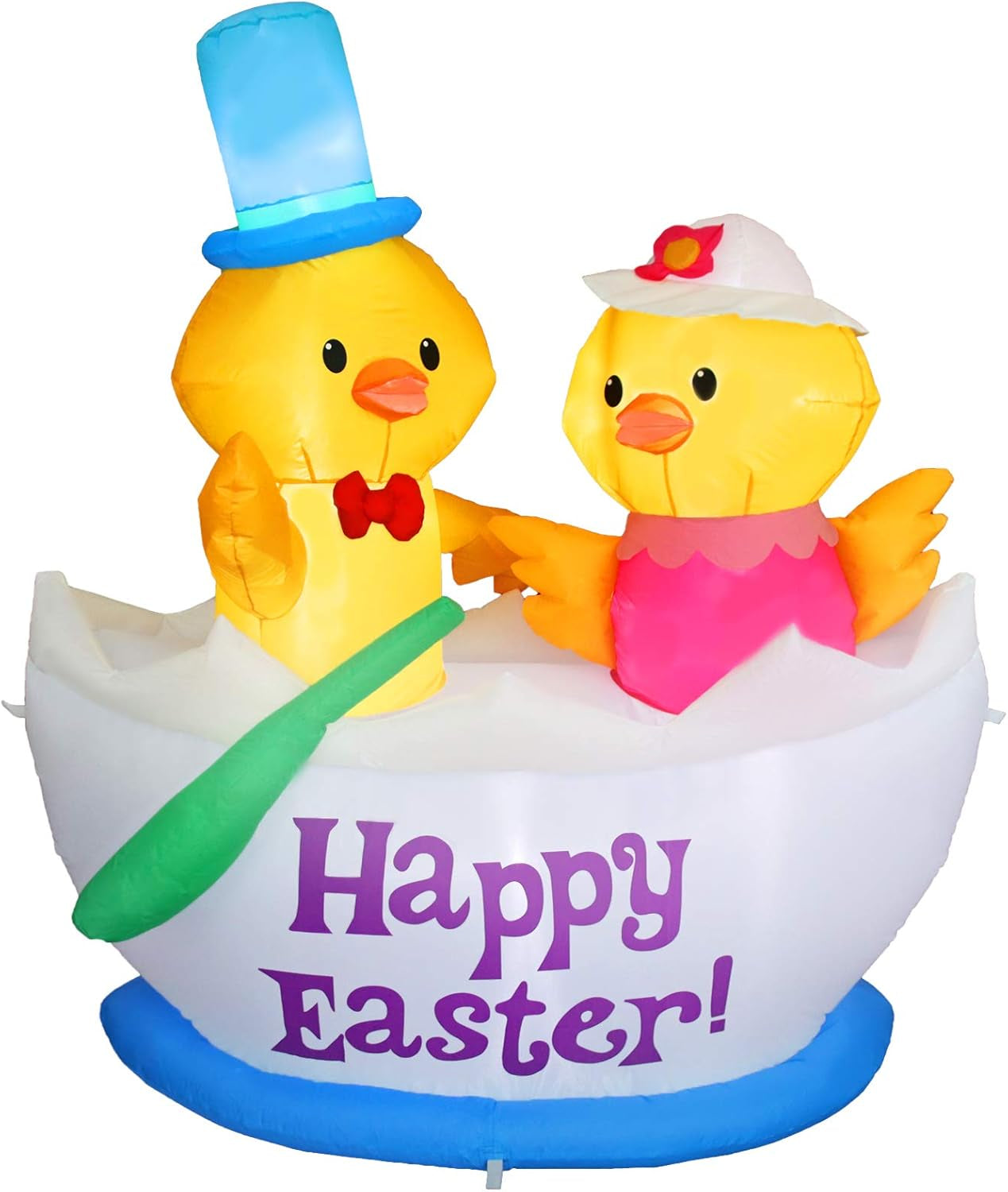 4.92FT Easter Decorations Easter Inflatable Decorations Two Chickens Riding Boat Inflatable LED Light Outdoor Indoor Easter Holiday Decorations