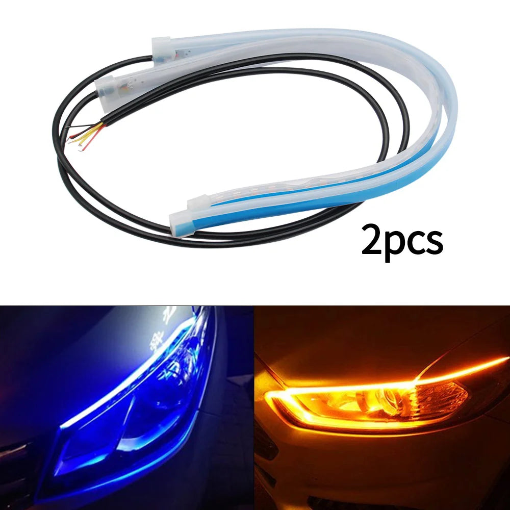 2Pcs 12V LED DRL Car Daytime Running Light Flexible Waterproof Strip Auto Headlights White Turn Signal Yellow Brake Flow Lights