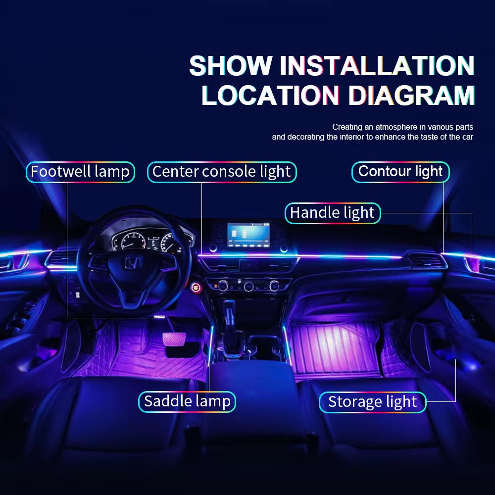 18 in 1 Dual Zone Symphony Streamer Car Ambient Light Interior LED Full Color RGB Neon Acrylic Strip Atmosphere Lighting Kit App
