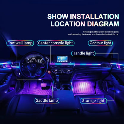 18 in 1 Dual Zone Symphony Streamer Car Ambient Light Interior LED Full Color RGB Neon Acrylic Strip Atmosphere Lighting Kit App