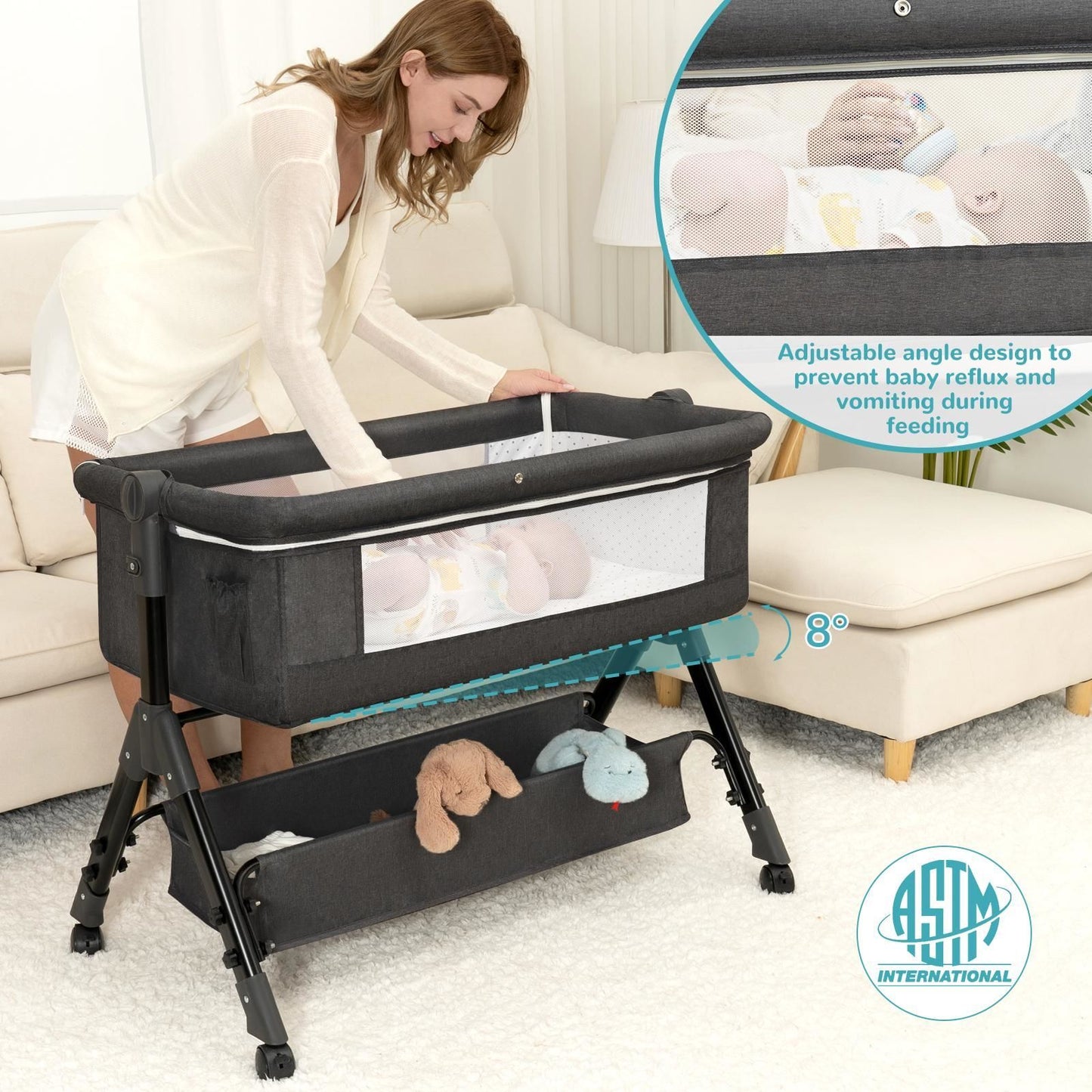 3 in 1 Baby Bassinet, Bedside Sleeper, & Playpen, Easy Folding Portable Crib