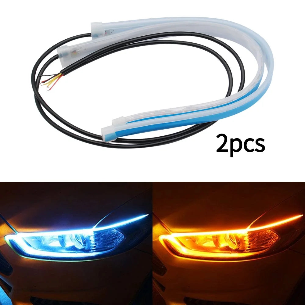 2Pcs 12V LED DRL Car Daytime Running Light Flexible Waterproof Strip Auto Headlights White Turn Signal Yellow Brake Flow Lights