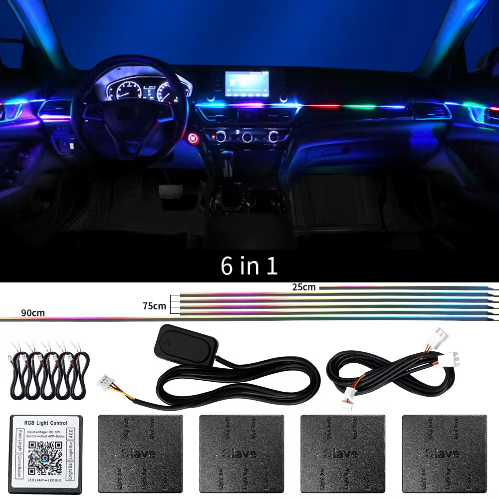 18 in 1 Dual Zone Symphony Streamer Car Ambient Light Interior LED Full Color RGB Neon Acrylic Strip Atmosphere Lighting Kit App