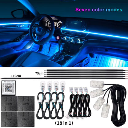 18 in 1 Dual Zone Symphony Streamer Car Ambient Light Interior LED Full Color RGB Neon Acrylic Strip Atmosphere Lighting Kit App